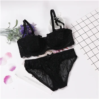 Черный Женское белье, сексуальный комплект с бюстгальтером, ropa interior femenina conjunto, бюстгальтер на половину чашки, трусики, Женский комплект нижнего белья - Цвет: Черный