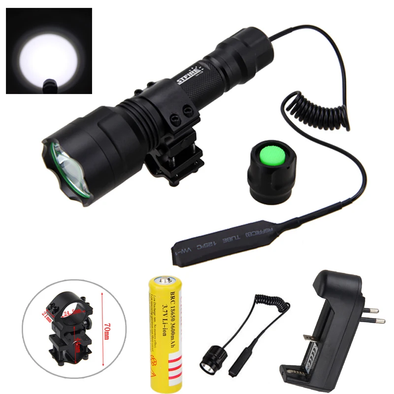 

2500lm T6 Tactical Hunting Light LED Weapon Flashlight White Torch+ Rifle Scope Mount +Pressure Switch+18650 Battery+Charger