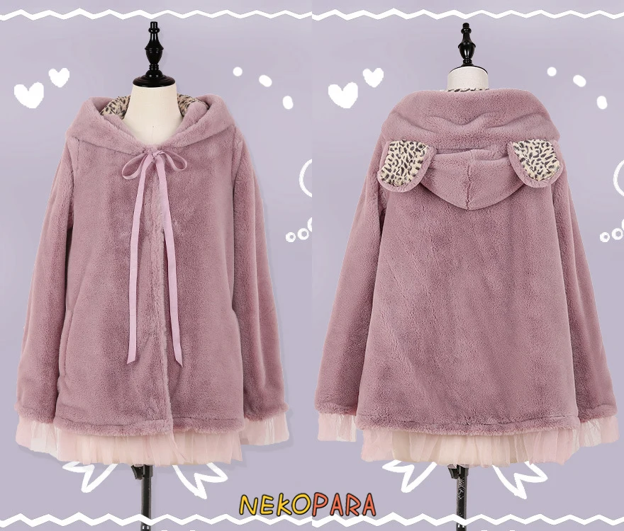 Coat Милое женское пушистое пальто с капюшоном из искусственного меха с ушками медведя зимняя одежда в стиле Лолиты Свободная куртка теплая розовая пряжа - Цвет: Coat