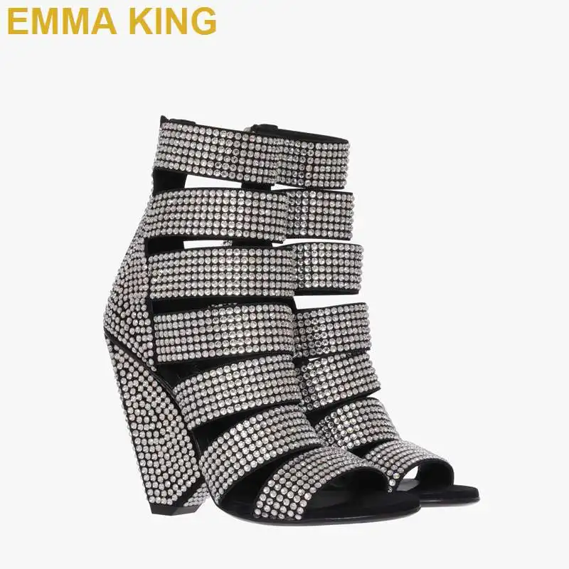 

Luxury Crystal Women Sandals 2019 Spike High Heels Shoes Woman Summer Ankle Boots Peep Toe Roman Sexy Gladiator Sandals with Zip