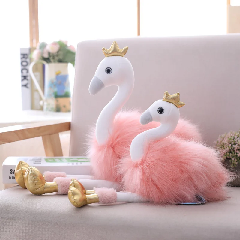 Игрушка плюшевая в виде лебедя милая мягкая кукла Фламинго с короной подарок для