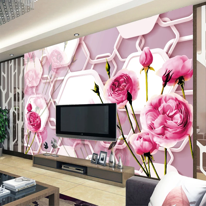 

Custom any size wall mural wallpapers Modern fashion Pink Flower Perspective Wall Sticker YBZ123