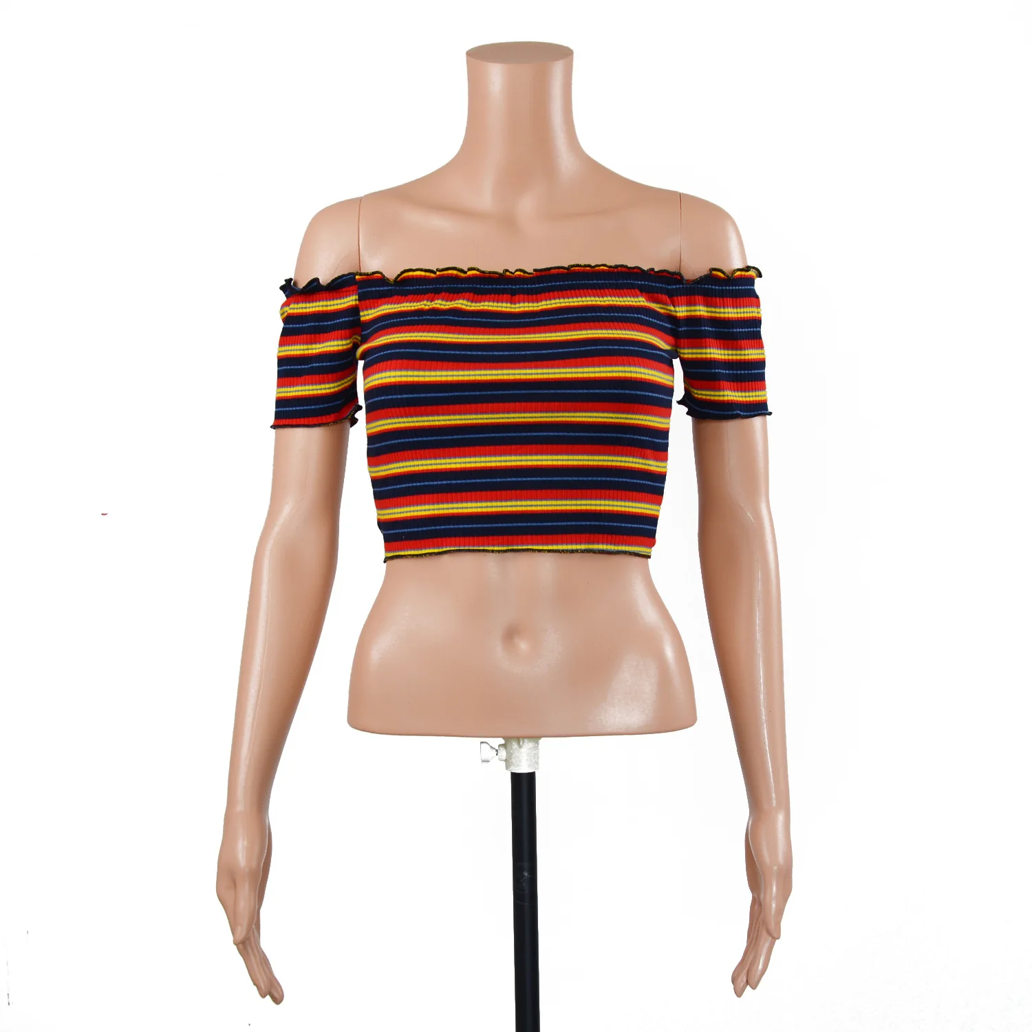 Новый цвет полосы слово воротник без бретелек сексуальные короткими рукавами