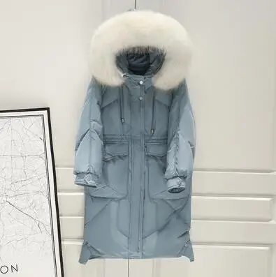 blue Новинка, женская зимняя куртка с натуральным мехом енота, женское теплое пальто с капюшоном, женские куртки на белом утином пуху, длинная парка - Цвет: blue