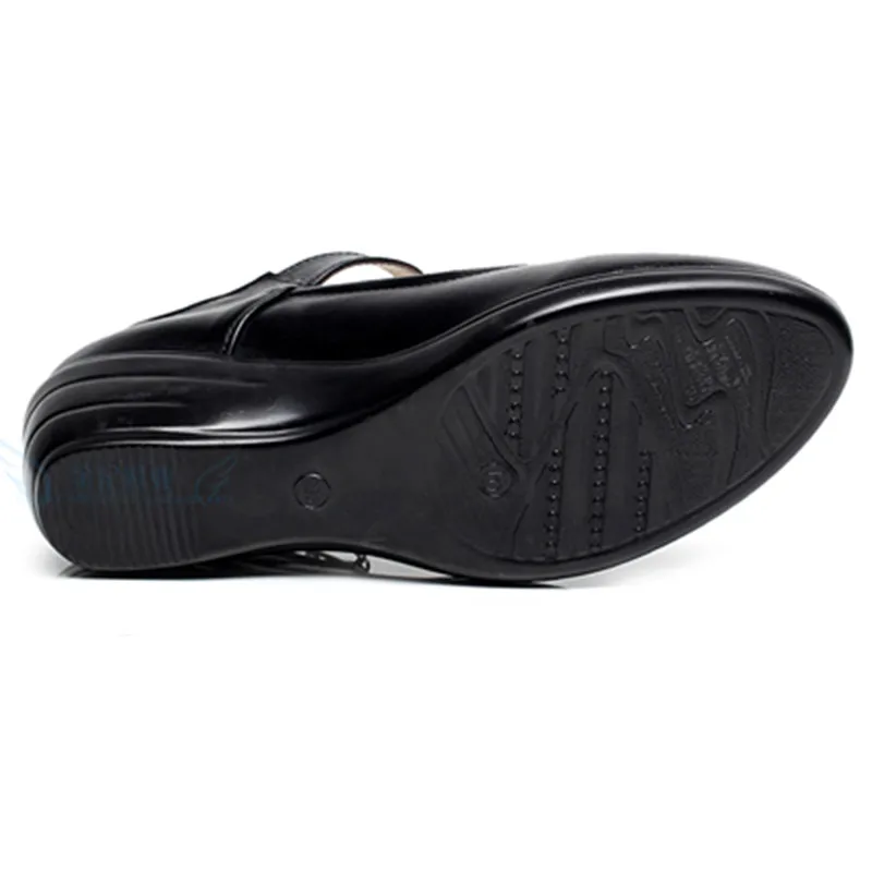 Женские туфли из натуральной кожи черные туфли-лодочки на танкетке среднем