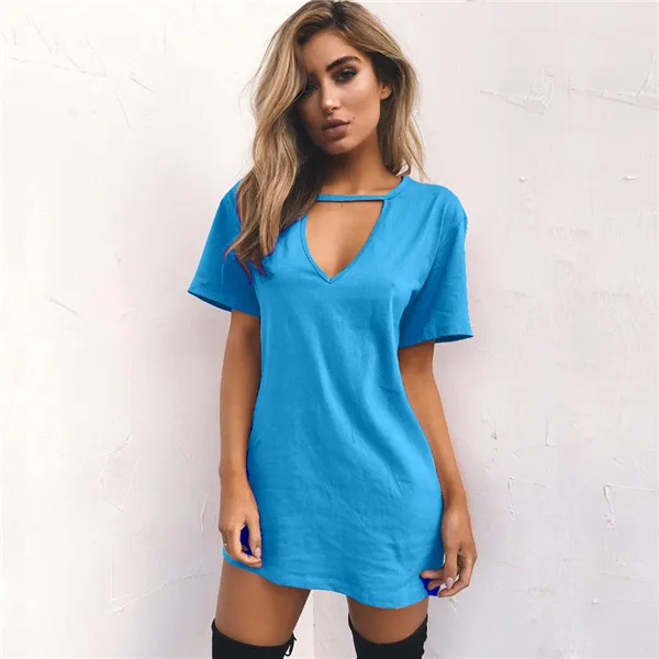 Light Blue Rogi t-shirt Vestidos, летнее платье-футболка с v-образным вырезом, женские вечерние платья с коротким рукавом, женские белые и черные платья, топы, женская одежда 3XL - Цвет: Light Blue