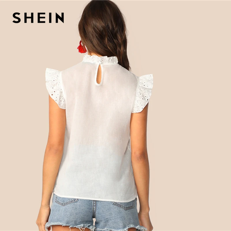 SHEIN модный топ с рюшами, вышивкой и ушками, Boho, белый, розовый, однотонный, без рукавов, со стоячим воротником, блузка, Женские топы и блузки
