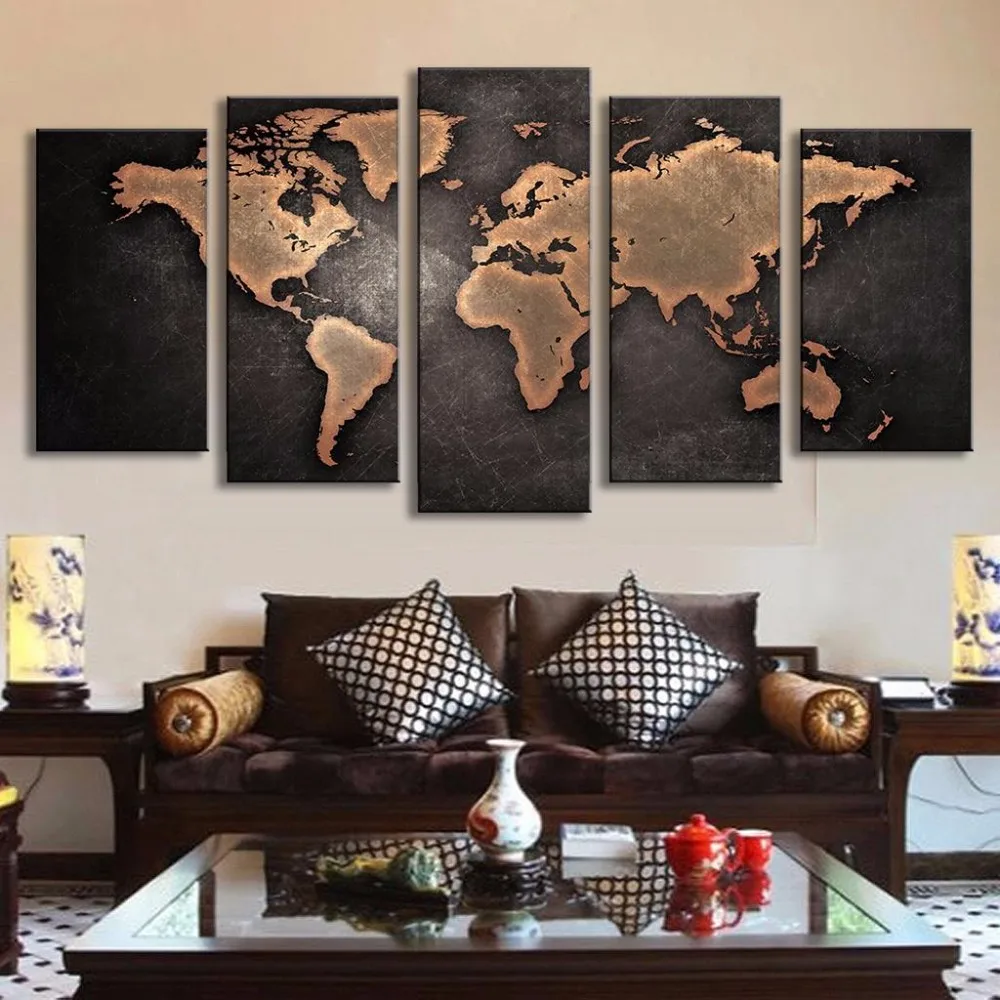 

2017Hot Sales 5 Panels Framed word map Painting Canvas Wall Art Picture Home Decoration Living Room Canvas Print Modern Painting