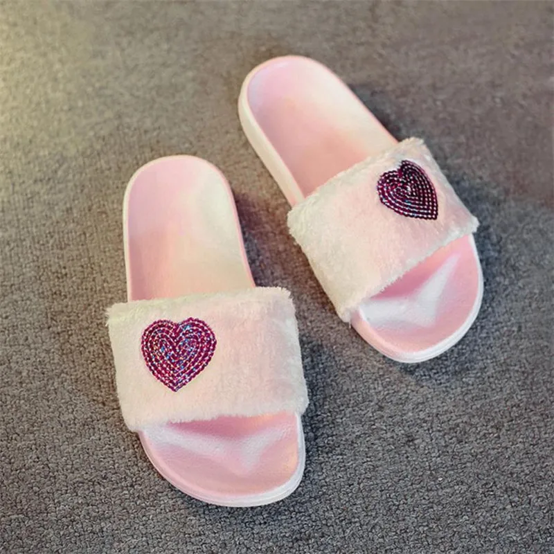Pink Для женщин шлёпанцы для женщин женские слипоны ползунки пушистого искусственного меха на плоской подошве; домашние тапочки, шлепанцы женские босоножки zapatos mujer Plus Размеры 36–41 - Цвет: Pink