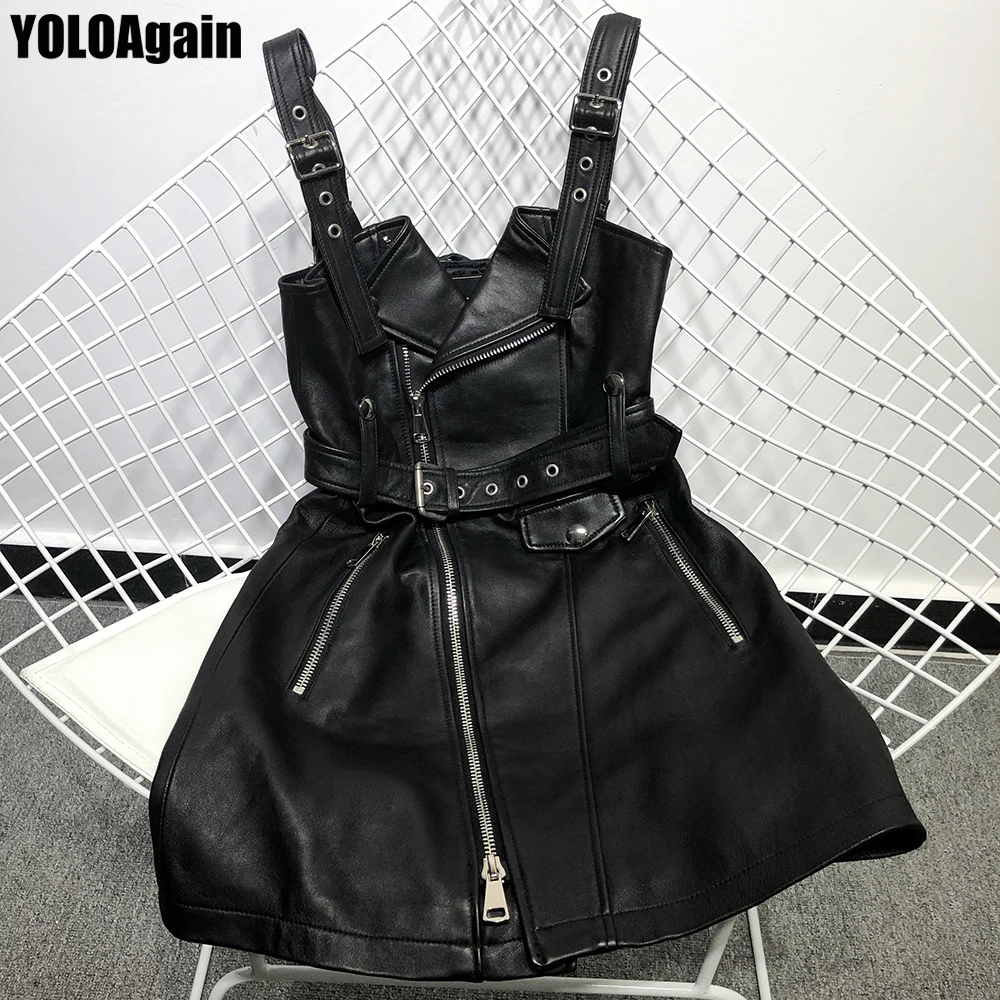 Женское платье из натуральной кожи YOLOAgain на бретелях с v-образным вырезом без