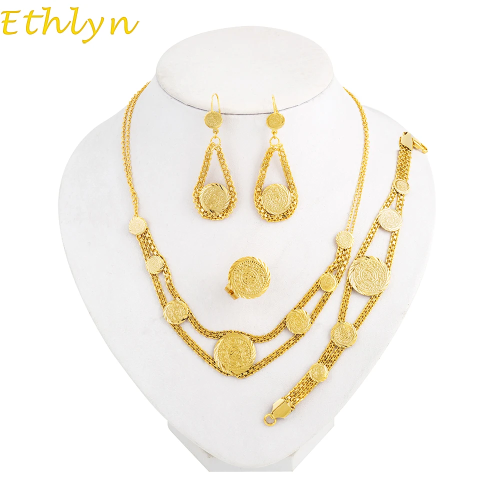 Ethlyn монета ожерелье набор золотой цвет антикварные серьги в виде монет + браслет