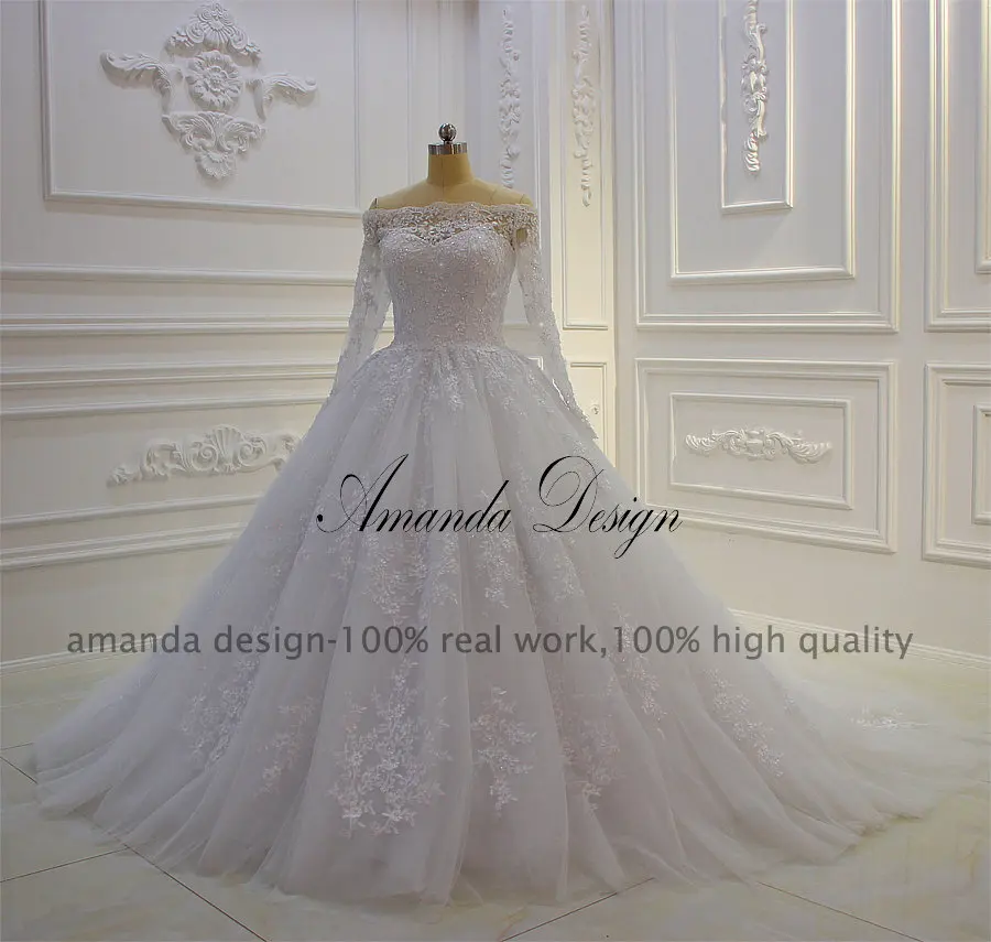 Кружевное бальное платье с вырезом лодочкой и аппликацией свадебное Аманды