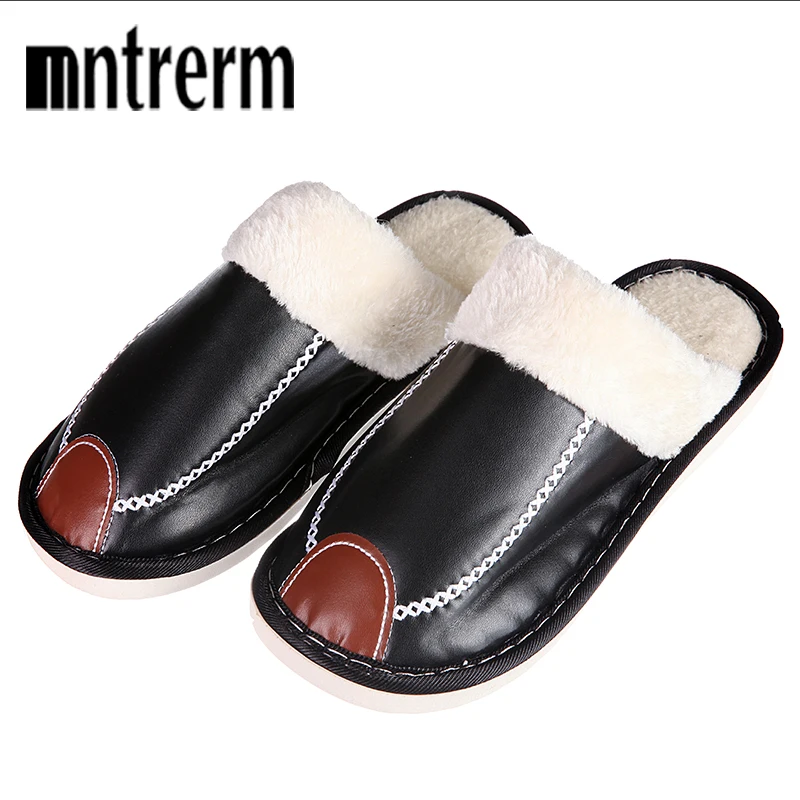 Mntrerm/мужские теплые тапочки на плоской подошве Зимние кожаные домашние