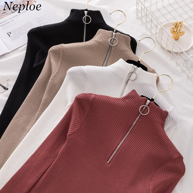 Neploe Zipper Slim Grace Women Sweater Solid Knitted Female Pullover 2020 Autumn Winter New Fashion Vintage Sueter Mujer 69170 | Женская
