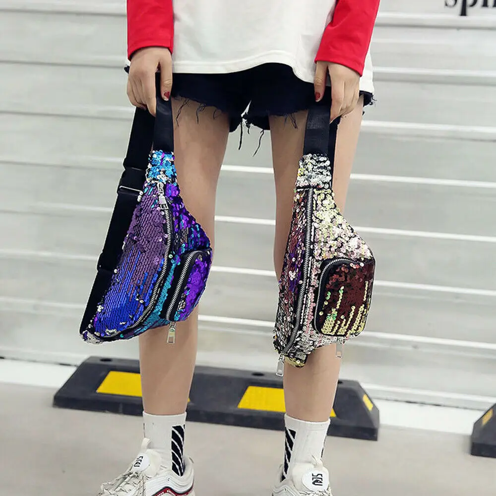 Новинка 2019 Женская Блестящая сумка на молнии с блестками и поясная праздничный