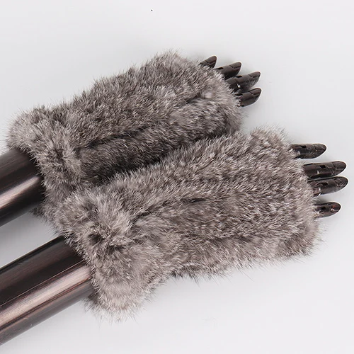 RABBIT FUR GREY Новые женские настоящие вязаные варежки из меха кролика рекс зимние теплые женские меховые без пальцев перчатки ручной работы вязаные меховые варежки - Цвет: RABBIT FUR GREY