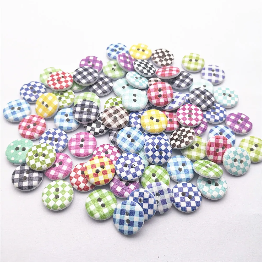 

100pcs 15mm Craft Ginghams Mixed Wooden Checks Plaid Sewing Buttons Round DIY Crafts Accessories Embellishments For Scrapbooking