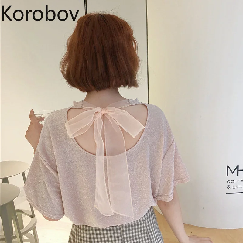 Korobov/2019 Новое поступление блестящая футболка со шнуровкой и бантом повседневные