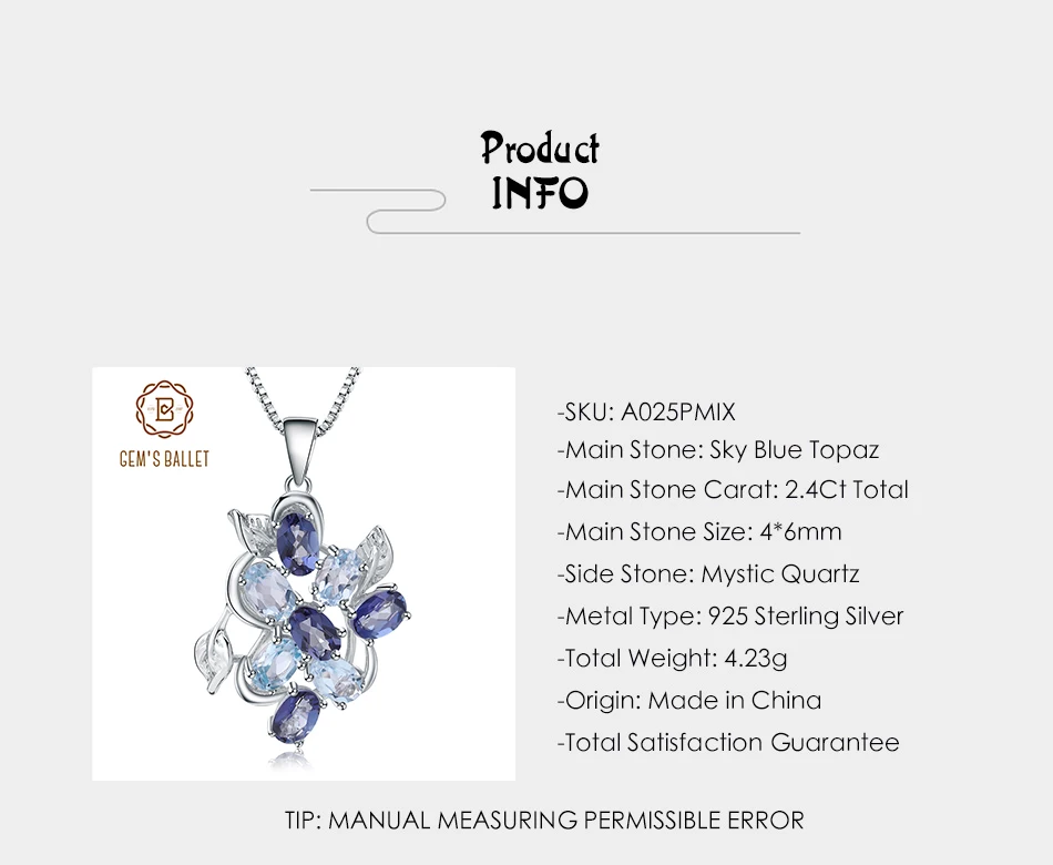GEM'S BALLET 2.4Ct натуральный голубой топаз Мистический Кварц 925 пробы Серебряный Драгоценный камень кулон ожерелье для женщин ювелирные изделия