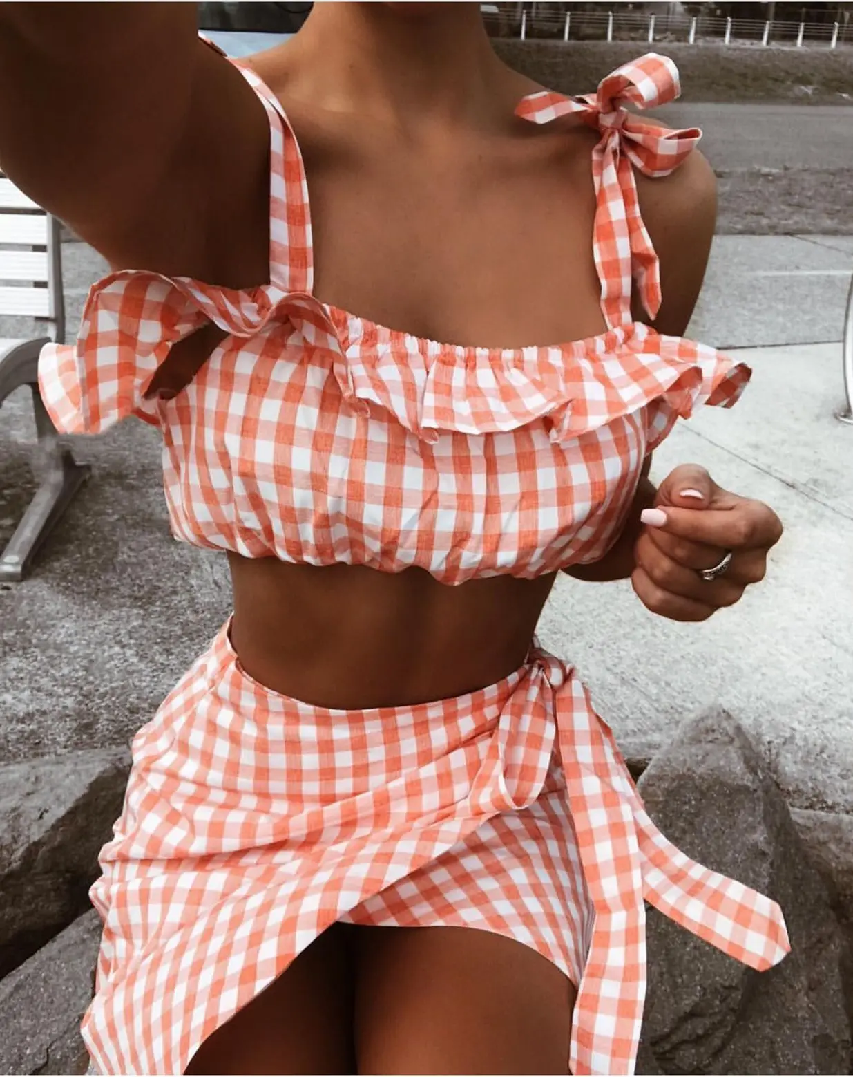 Модный комплект из двух предметов для женщин, Boho, Летний Пляжный клетчатый укороченный топ, вечерние, Короткие мини юбки, повседневный комплект из 2 предметов