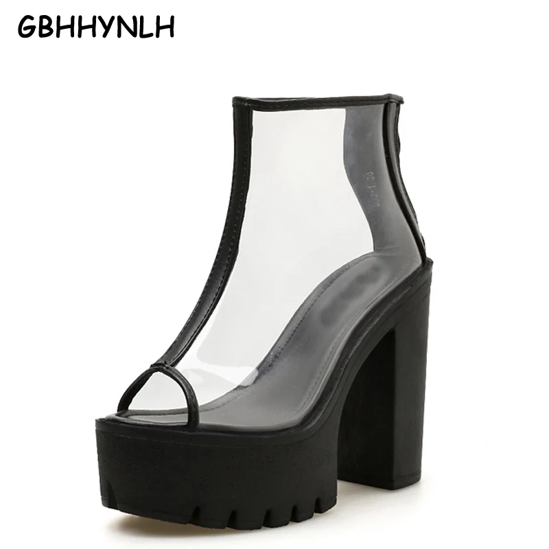

GBHHYNLH Women's Boots white black open Toe Elastic Ankle Boots Thick Heel High Heels Shoes Female Transparent Heel Boots LJA451