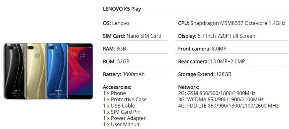 Мобильный телефон lenovo K5 Play, 3 ГБ, 32 ГБ, 4G, LTE, 5,7 дюймов, Восьмиядерный процессор Snapdragon MSM8937, задняя камера 13 МП+ 2 МП, фронтальная камера 8 Мп, мобильный телефон