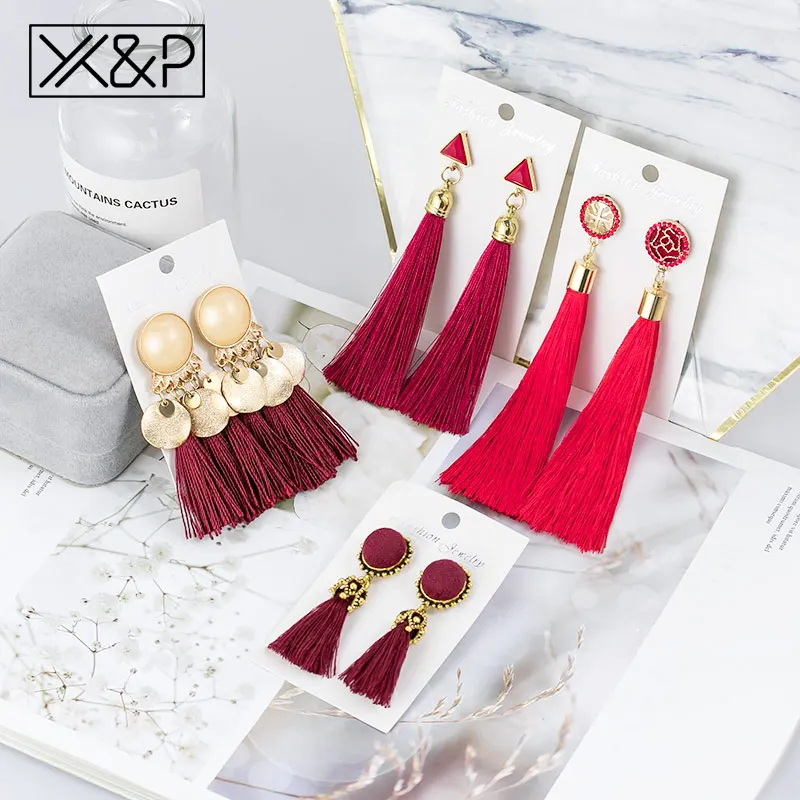X & P богемный модные серьги кисточки Винтаж помпоном смолы кристалл красный