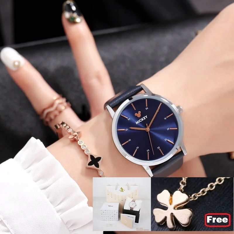 LEATHER Dblue Plus Новые оригинальные женские часы disney из розового золота, водонепроницаемые, полностью стальные, круглые, простые, модные часы «Микки», роскошные, лучший подарок для девочек, высокое качество - Цвет: LEATHER Dblue Plus