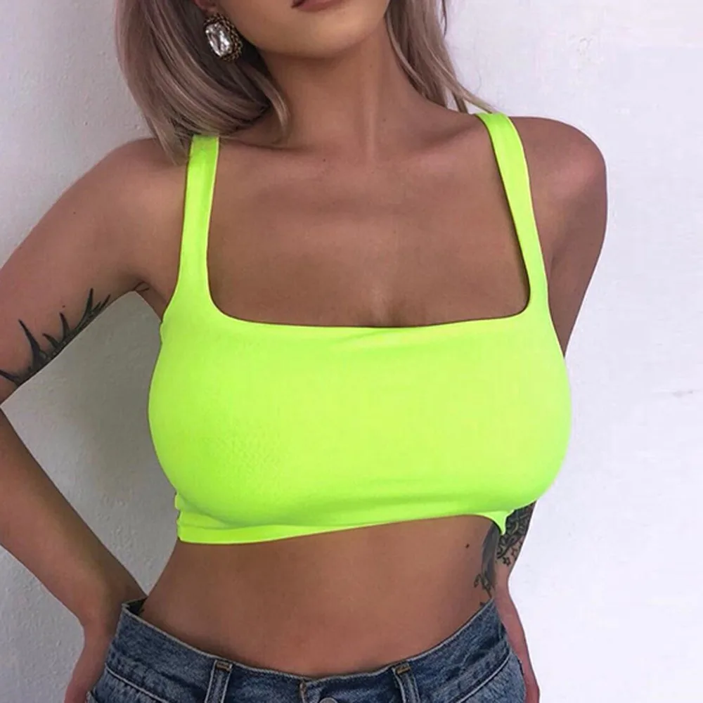 Женский укороченный топ без рукавов неоново зеленый однотонный уличная одежда