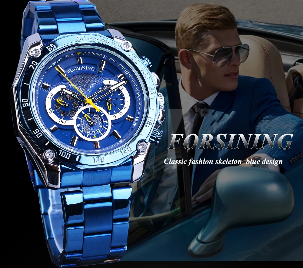 Forsining New Mens Blue Mechanical Watch Fashion Automatic Date Male Business Stainless Steel Wristwatch Relogio Masculino