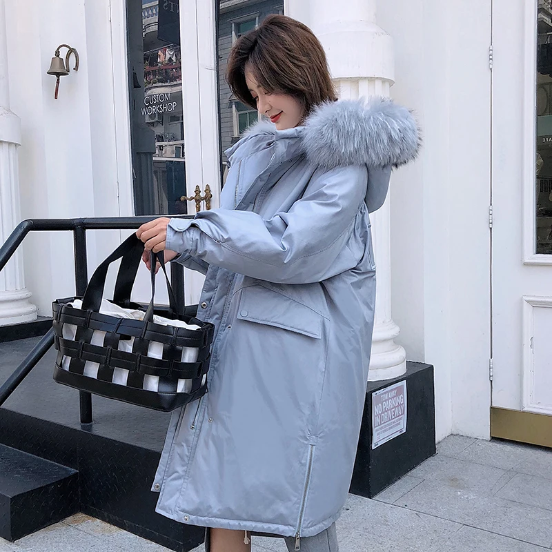 QAZXSW 2018 Winter New Women's Down Jacket Long Paragraph Fashion Big Braid Hair Collar Hooded Outer Thick Warm Loose Coat LE209 | Женская