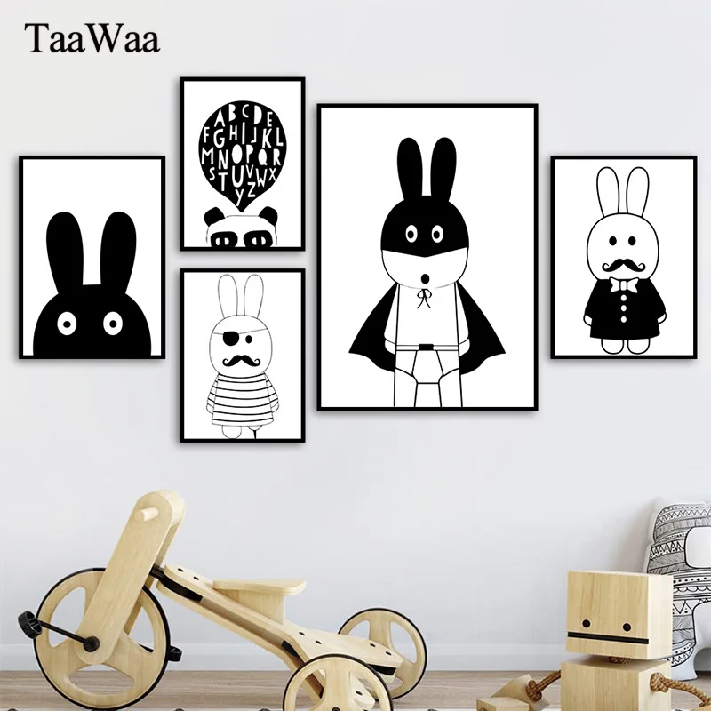 Черно-белый мультяшный плакат холст животные для детской комнаты картина в