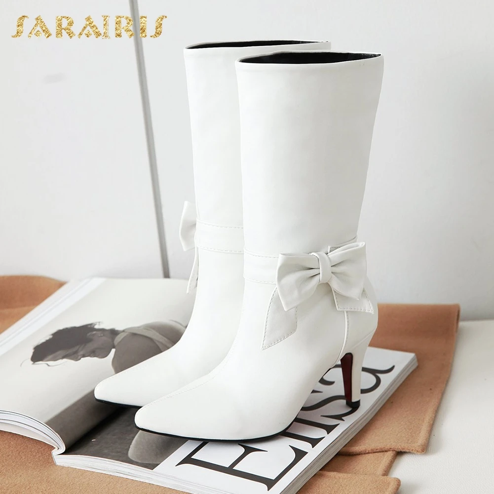 SARAIRIS/Большие размеры 34-43, модная черно-белая обувь с бантом, женские ботинки, осенне-зимние ботинки на высоком каблуке, ботинки до середины икры, женская обувь