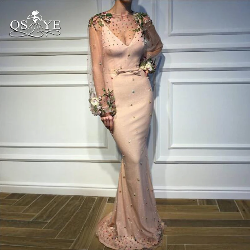 QSYYE 2018 сексуальные розовые Длинные Выпускные платья Русалочки Robe de Soiree 3D кружева