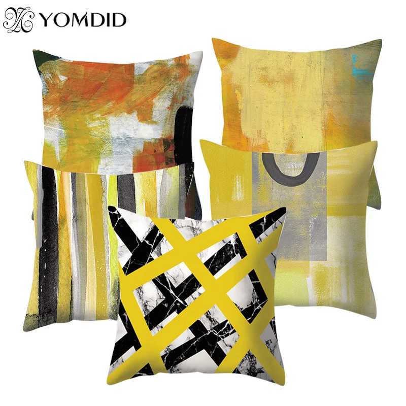

Watercolor Yellow Cushion Cover Geometry Line printed Throw Pillowcase Waist Pillow Cover Home sofa car pillow cover 45x45cm