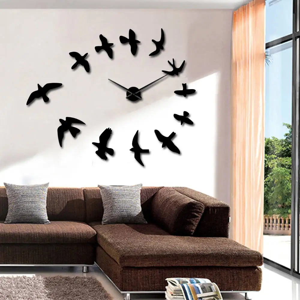 Modern Design Luxury Frameless DIY Large Decorative Mirror Wall Clock with Flying Birds - Nature Room Decor image 5