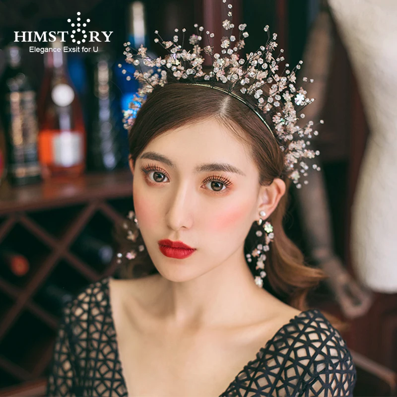 HIMSTORY Bling красивая свадебная тиара ручной работы короны с серьгой черный