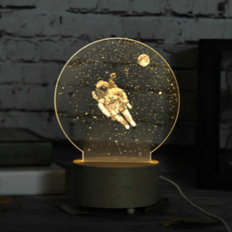 Веселая круглая 3D Светодиодная лампа деревянная база с музыкальной коробкой