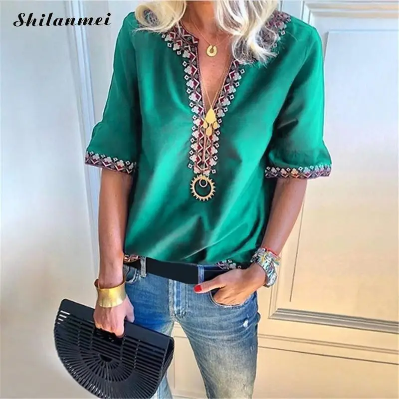 Ethnic Print Women Blouse 2019 New Summer Boho Plus Size V Neck Half Sleeve Shirt Causal Indie-Folk Blusas Feminina | Женская одежда