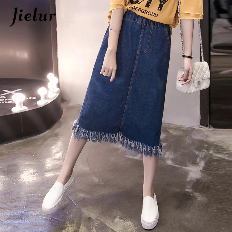 Jielur Новые Карманы синие женские джинсовые юбки с кисточками свободный