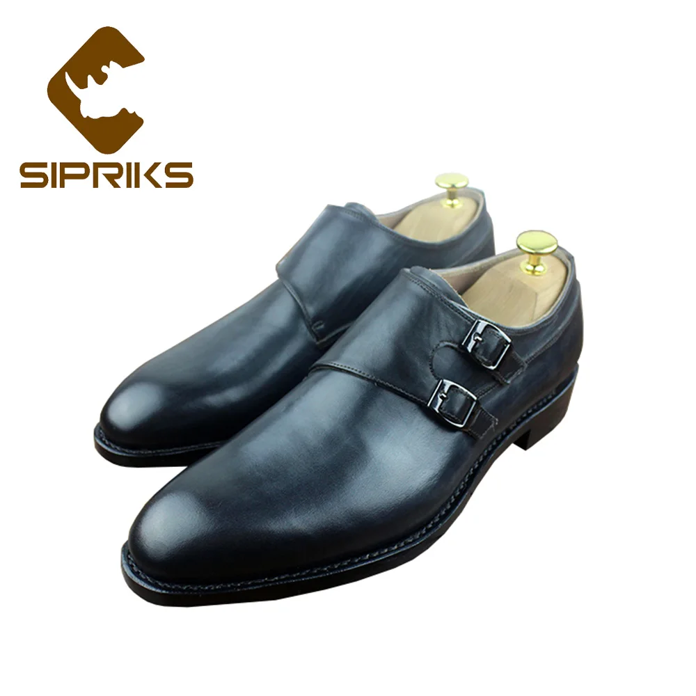 

Sipriks Imported Italian Goodyear Welted Shoes For Men Genuine Leather Black Double Monk Straps Boss Office Wedding Gents Suits