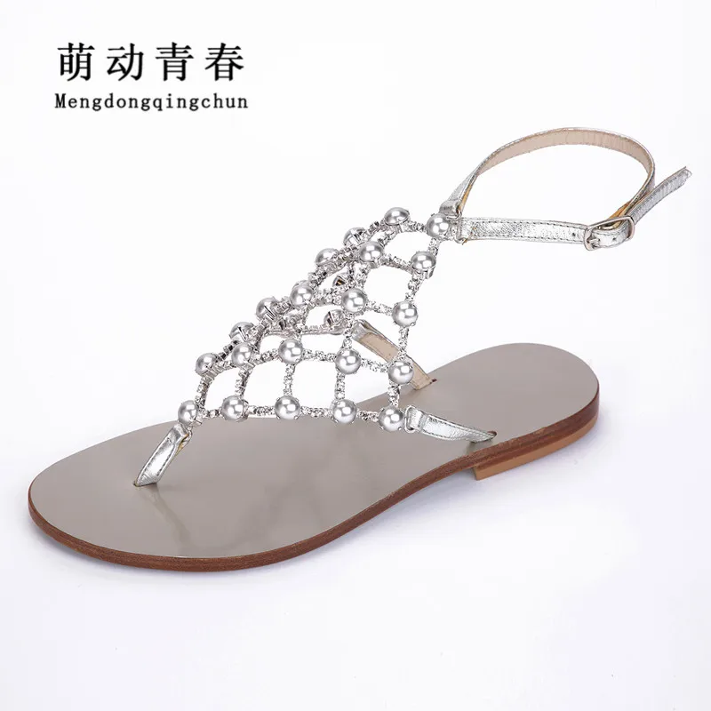 

2022 New Women Sandals Fashion Flats Shoes Women Buckle Strap Crystal Pearl Flat Heels Sandals Summer Sandals Plus size