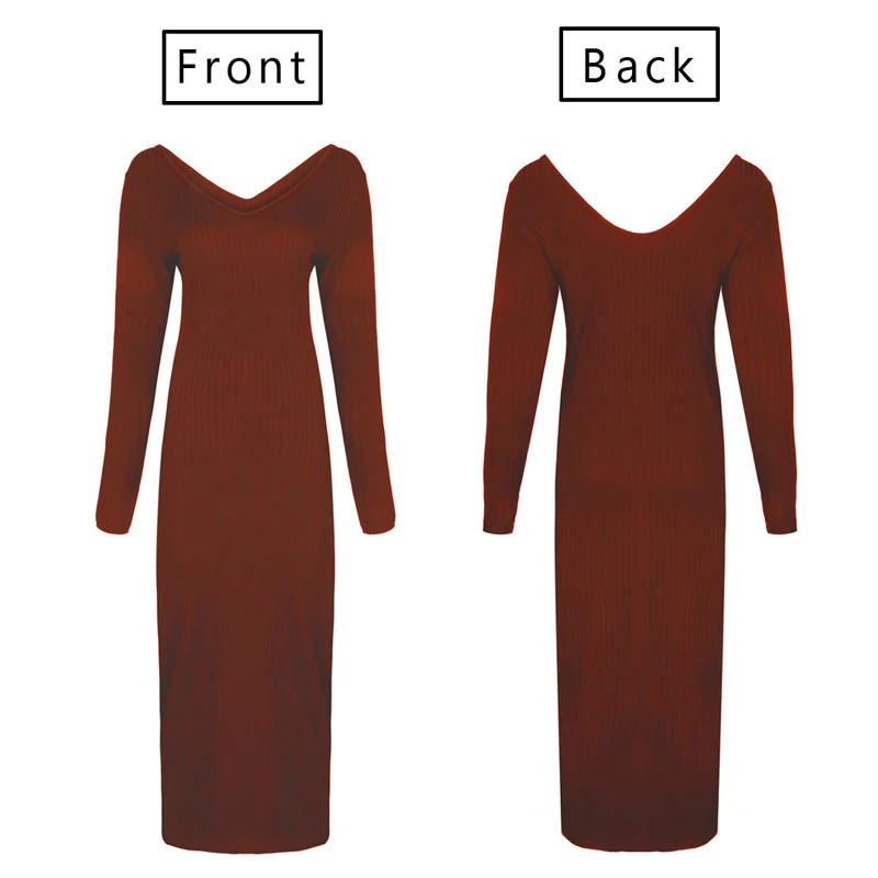 

Sexy Long Sleeve Comfort Striped Dress Casual Fashion Solid Slim Women Dress Two Colors V Neck Long Dress