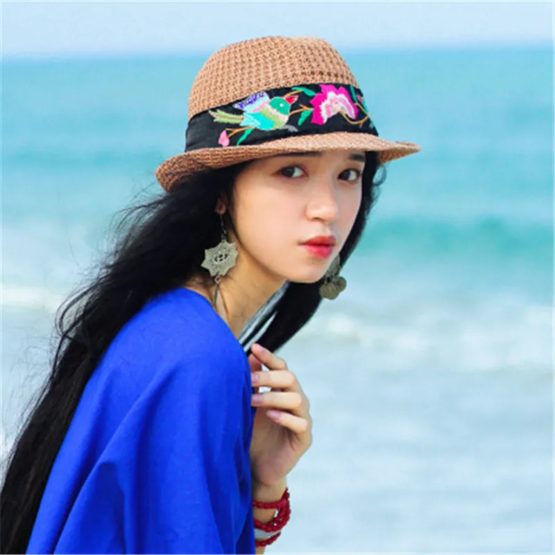

2019 Fashion Embroidery Casual Vintage Harajuku Ethnic New Women Bohemian Beach Hat Sun Hats Folk-Custom Summer Ladies Caps Hot