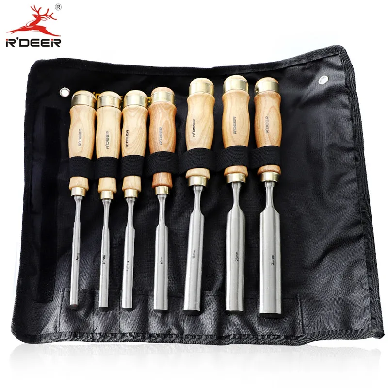 RDEER 7Pcs Wood Chisel Carving Tools Set 8-25mm CR-V Carving Knife For Woodworking Tools With Roll Bag