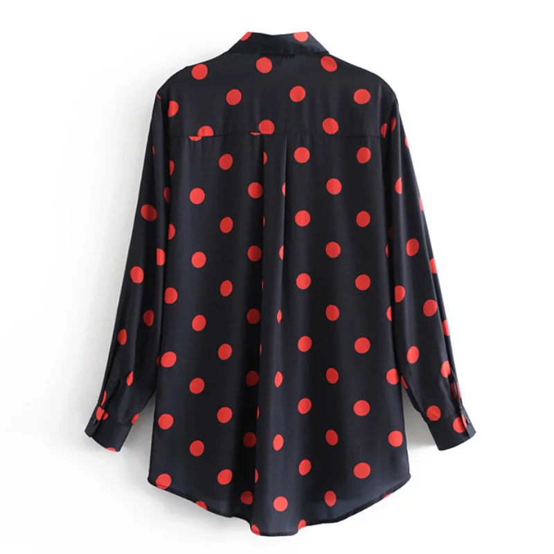Women Dot Print Long Blouse Pockets Sleeve Turn Down Collar Shirts Female Casual Work Wear Tops FFZSY79 |