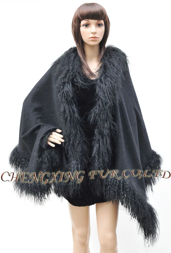 CX-B-P-01B Mongolian Lamb Fur Trim 100% Wool Cashmere Shawl Cape LOTS OF COLOURS Drop Shipping | Wraps