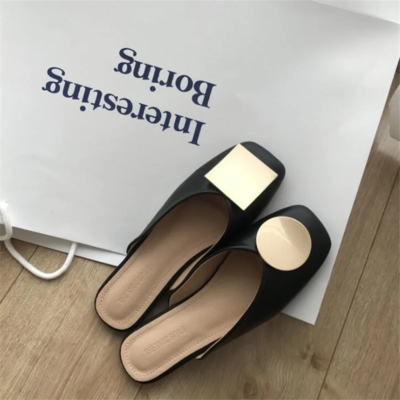 Женские сандалии с квадратным носком кожаные шлепанцы на низком каблуке в