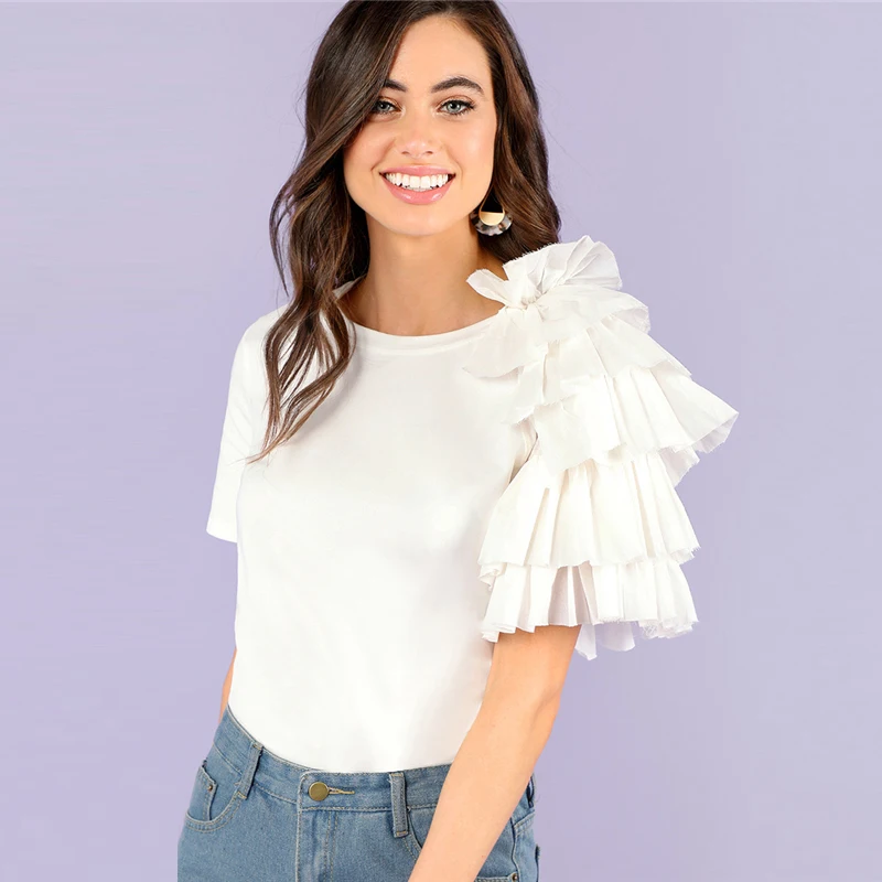 Sheinside Plain White Layered Sleeve Workwear Tops Office Ladies Ruffle Regular Fit Stretch Casual Women Summer T-shirt