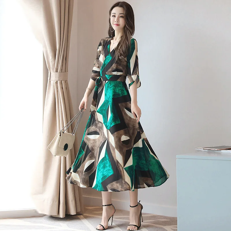 Женское шифоновое длинное платье с принтом на шее открытой спиной 2017 макси